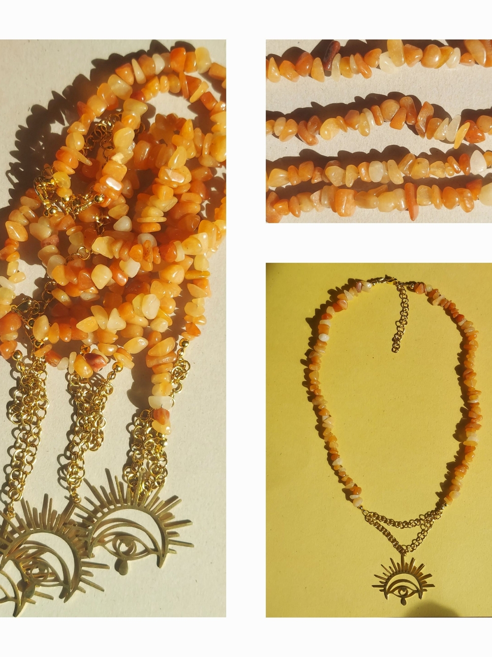 Gold Sunrise Eye Pendant Necklace with Orange Bead Chips
